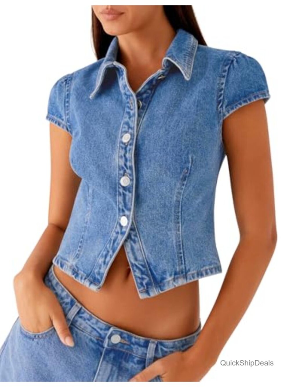 Cropped Denim Shirt Button Down Short Sleeve Collared Top Casual Fitted Jean
